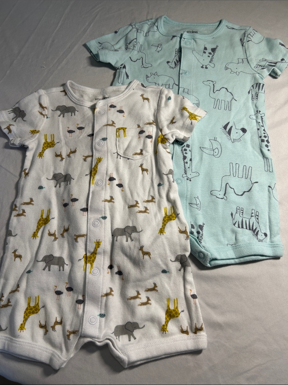 Simple Joys by Carters White and Light Blue Baby Rompers with Zoo Print Set of 2